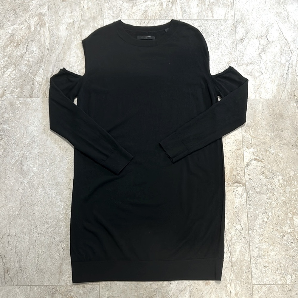 AllSaints Cold Shoulder Dress | Size L | Black Merino Wool | VGUC
